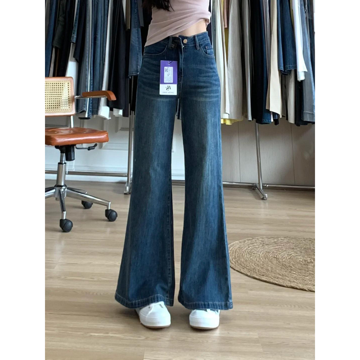 小个子复古微喇牛仔裤女夏季高腰宽松显瘦不贴腿拖地喇叭裤