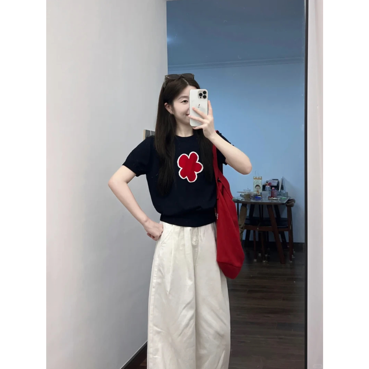 2025夏季新款韩系穿搭小个子藏蓝色短袖上衣搭配自色阔腿裤两件套