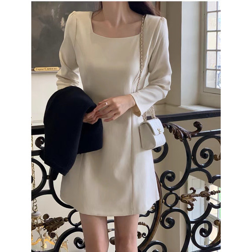 韩国东大门秋新款方领收腰纯色中长款连衣裙短裙