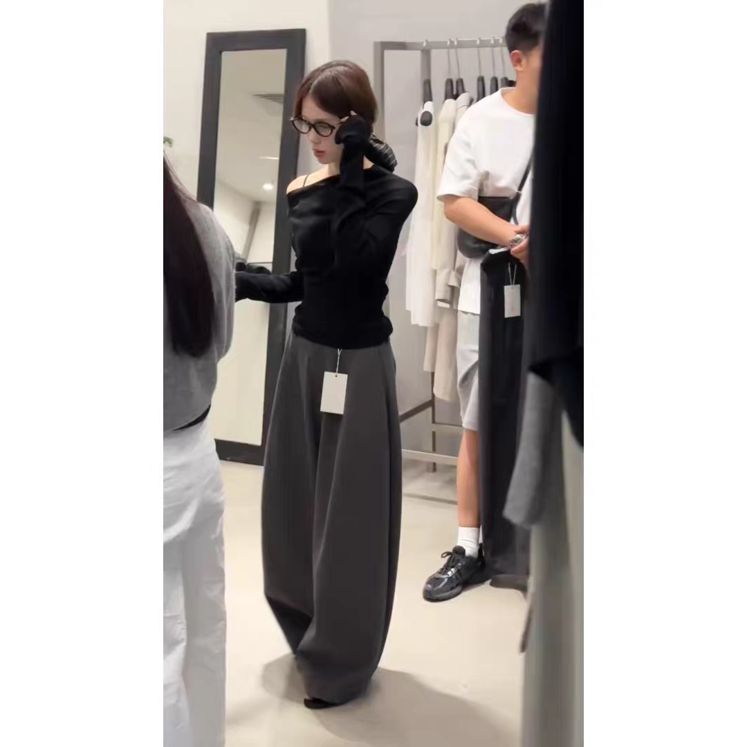 气质一整套ootd穿搭2025新款早秋韩系一字领长袖上衣镰刀裤两件套