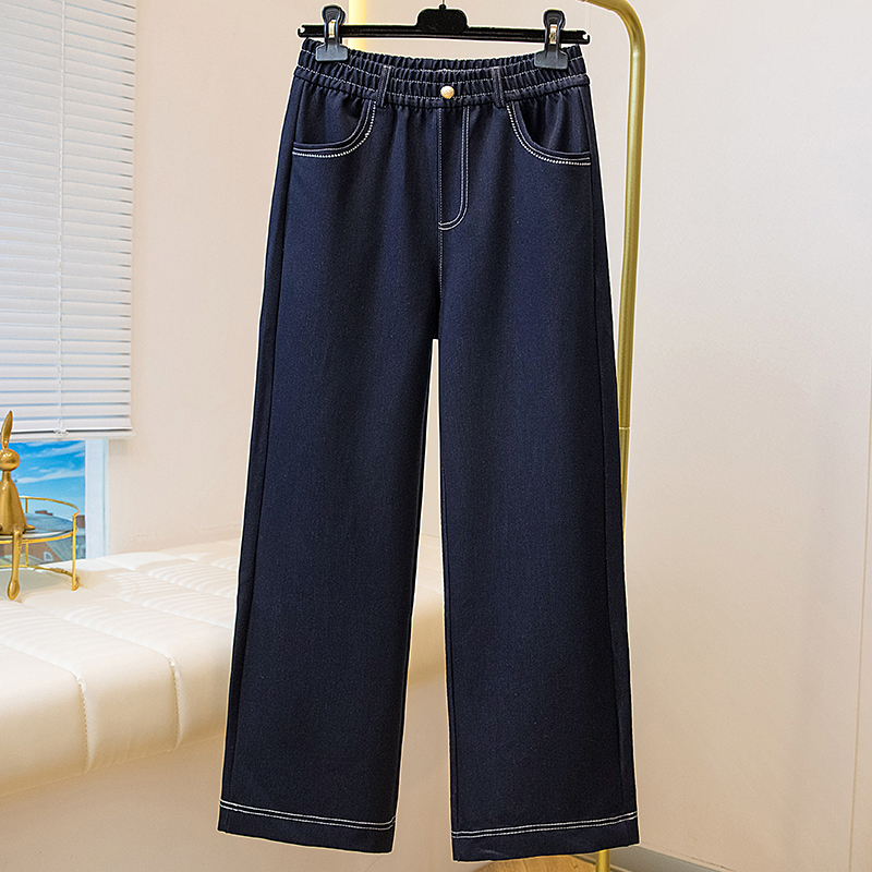 实拍秋新款大码松紧腰直筒修身弹力牛仔裤前MM高腰宽松拖地女长裤