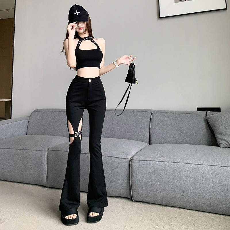 黑色微喇西装裤子春夏季薄款性感镂空高腰设计感破洞休闲拖地长裤