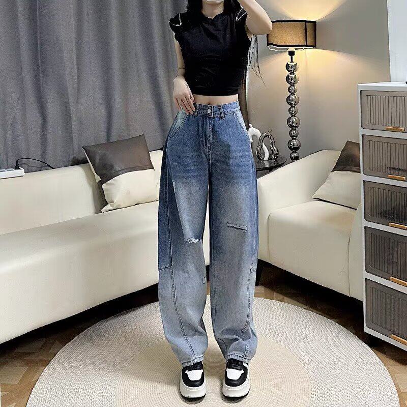 美式破洞阔腿牛仔裤女2026年夏季新款复古水洗高腰宽松显瘦直筒裤