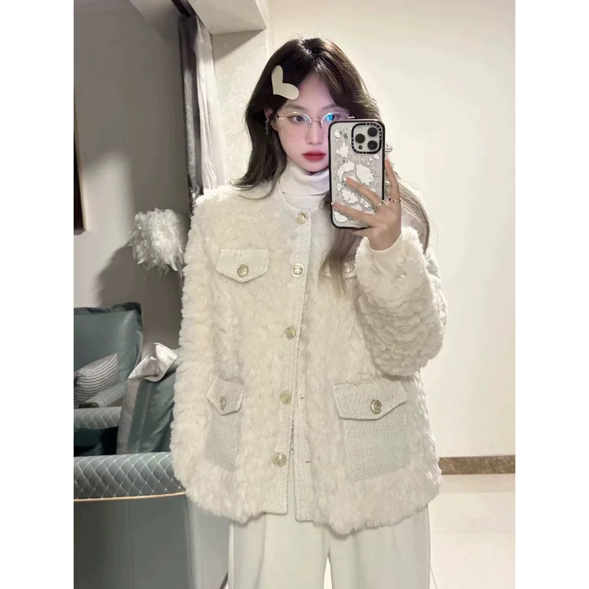 皮草小香风外套女冬天新款高级感可可仿兔毛大衣加厚圆领网红棉服