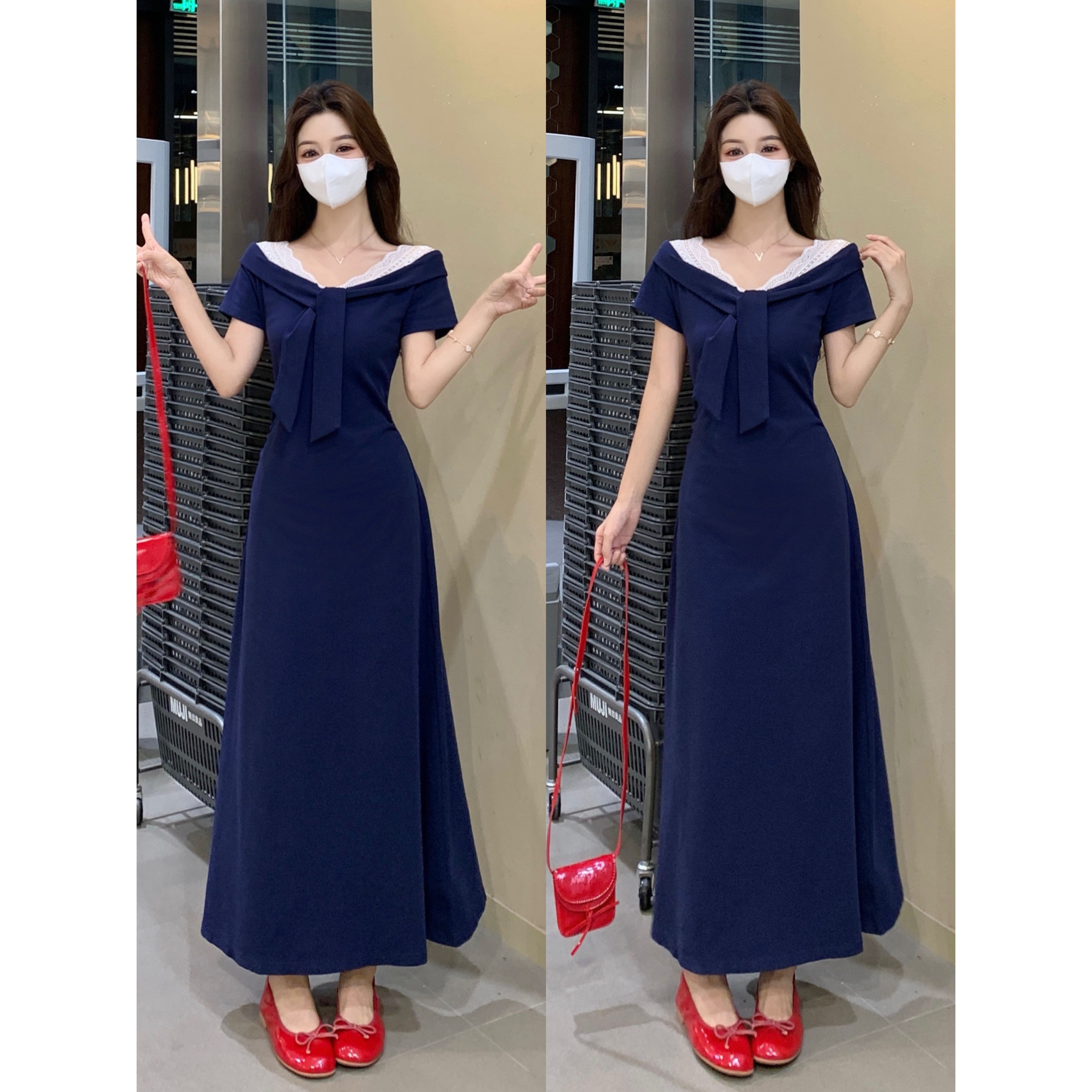 大码2025蕾丝邂逅女装胖妹妹海军领蕾丝拼接短袖收腰显瘦连衣裙女