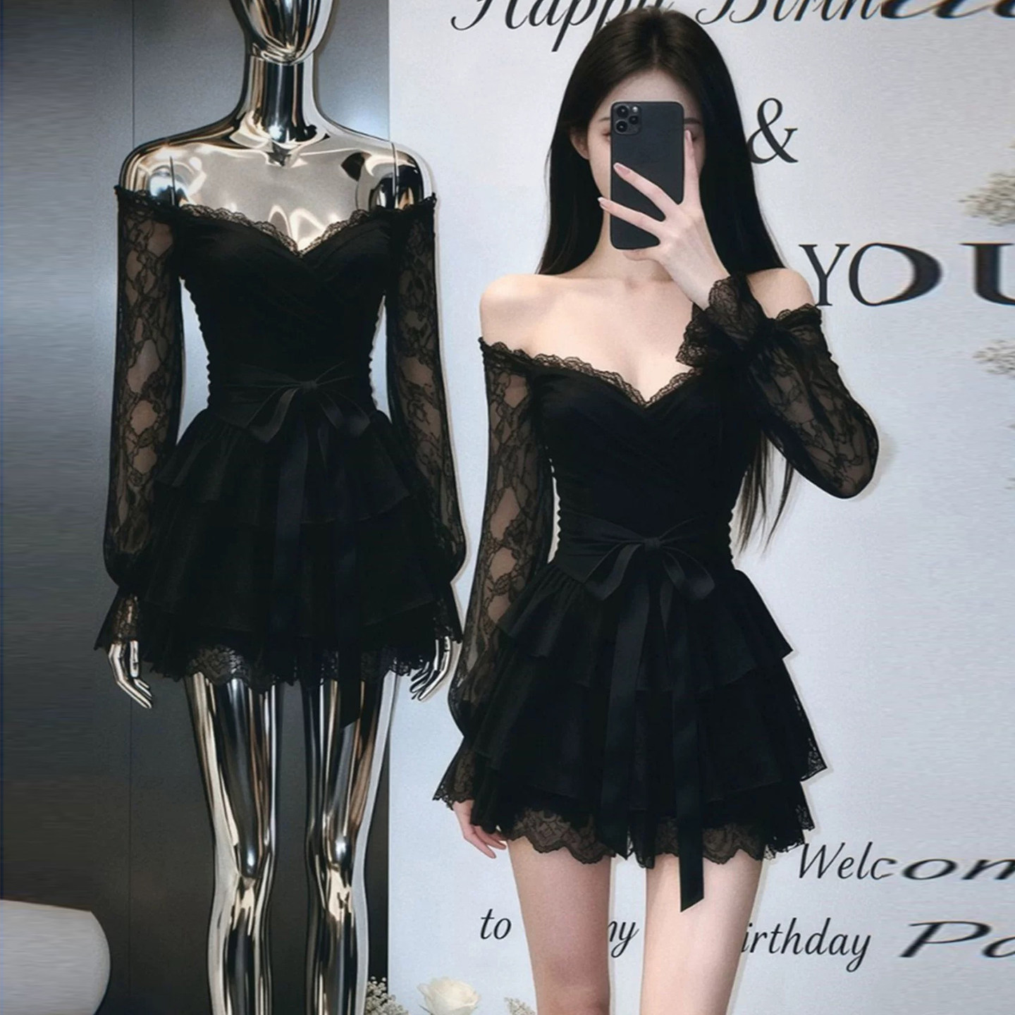 实拍：法式高级感千金风一字肩蕾丝连衣裙黑色收腰蓬蓬裙性感显瘦,女装/女士精品,连衣裙,淘宝优惠券,粉丝福利购,淘宝优惠卷