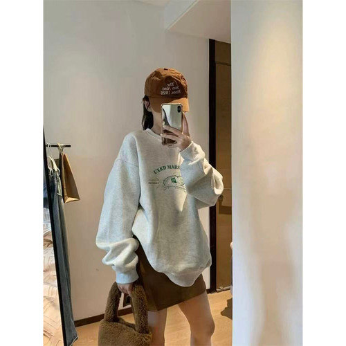 韩系慵懒风宽松加绒圆领卫衣2025新款女春秋设计感印花上衣两件套