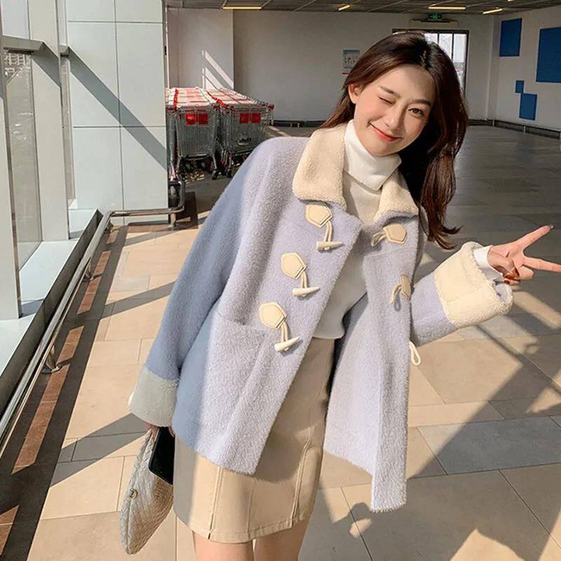 仿水貂绒外套女短款宽松冬季外套女冬天大衣外套女冬毛呢外套女