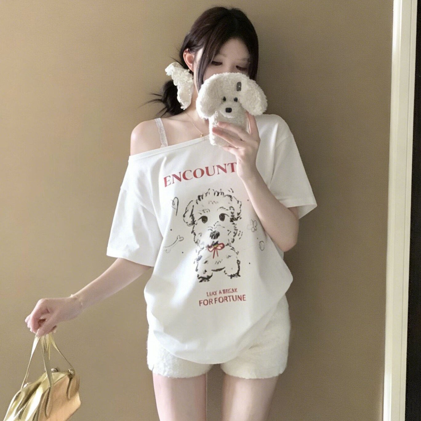 220克92%棉8%氨纶美式辣妹斜肩字母印花短袖T恤女