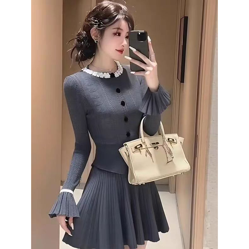 小香风灰色套装女2025年新款秋季女神范穿搭针织上衣半身裙两件套