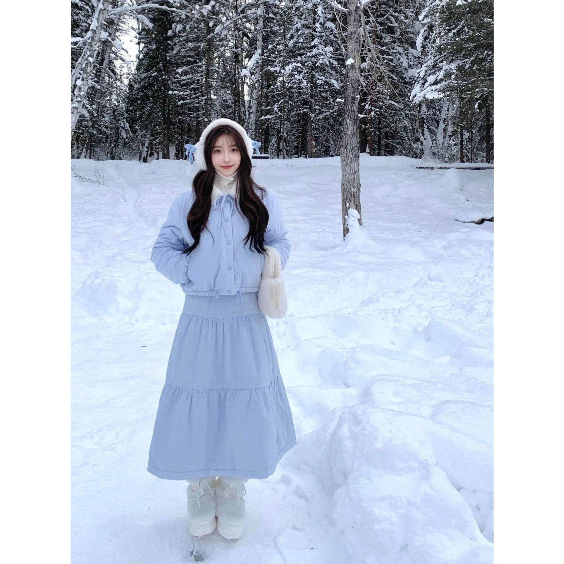 氛围感棉服套装女秋冬季短款宽松加厚保暖棉衣外套半身裙子两件套