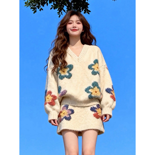 千金风气质V领针织上衣短裙巨好看女装 2026新款 搭配一整套装 春装