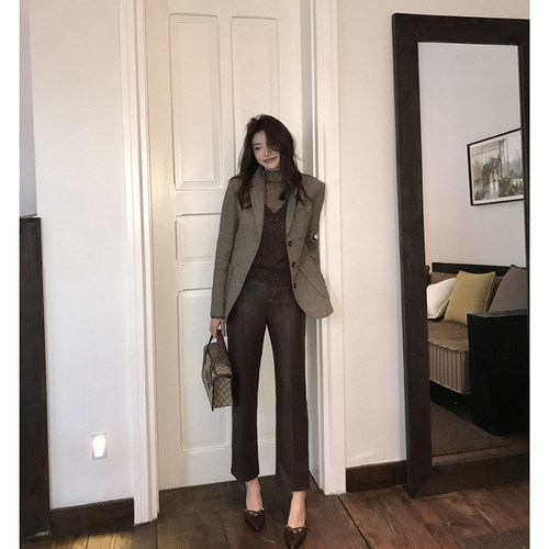 时尚复古拼接皮裤女高腰显瘦