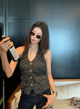 龍喜儿 高级小香风亮片挂脖背心女性感V领无袖马甲外穿J988