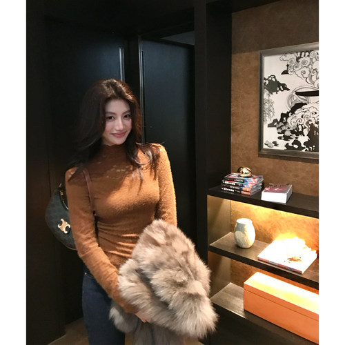 龍喜儿 蕾丝镂空长袖半高领针织打底衫女高级感显瘦上衣J511