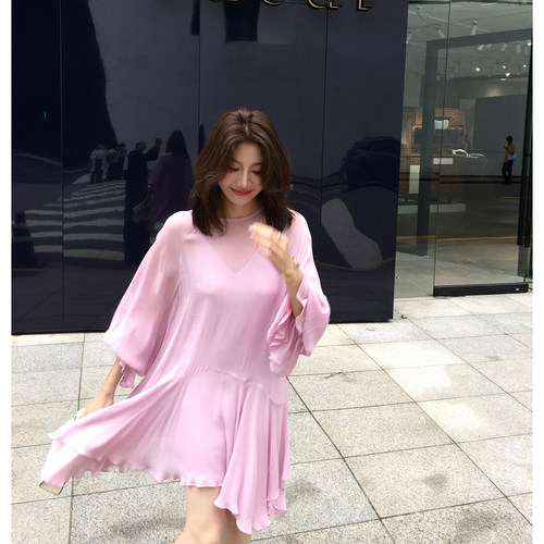 龍喜儿 “loo%人丝”连衣裙女短款长袖圆领设计感荷叶边短裙D412