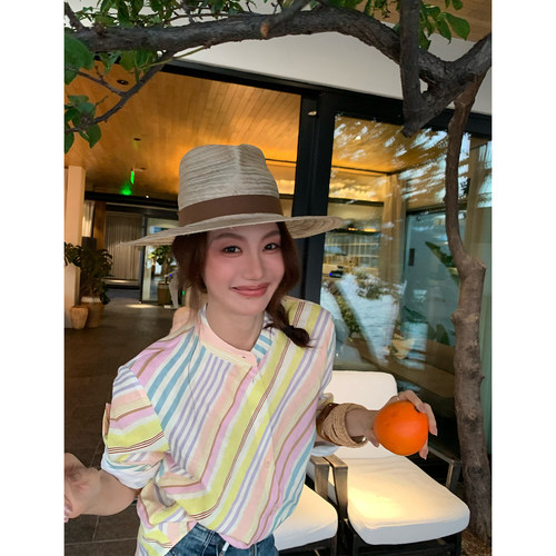 龍喜儿 “Ioo%亚麻”衬衫女长袖圆领水彩斜纹宽松休闲上衣W793