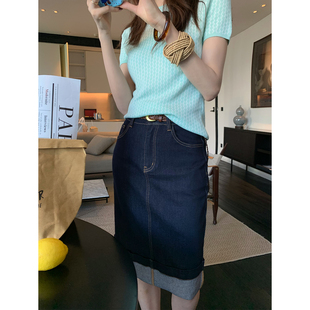 龍喜儿 “loo%棉”牛仔半身裙女中长款设计感卷边休闲直筒裙Z221