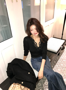 龍喜儿 法式优雅蕾丝拼接V领长袖打底衫女修身显瘦内搭上衣C431