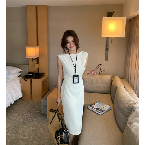 龍喜儿'醋酸'極简连衣裙女无袖收腰设计感气质显瘦中长裙D718