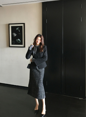龍喜儿 中长款开叉包臀裙小香风简约通勤粗花呢半身裙女D260