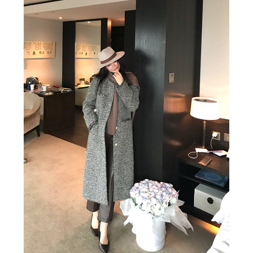 龍喜儿 小香风羊驼编织呢子大衣女气质长款过膝毛呢外套J106