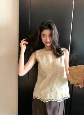 龍喜儿 法式复古无袖上衣夏季女高级感刺绣精致纱网无袖衬衫Z462