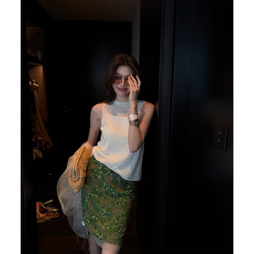 龍喜儿 法式珠片绣花半身裙女夏季新款设计感时尚气质a字裙R593