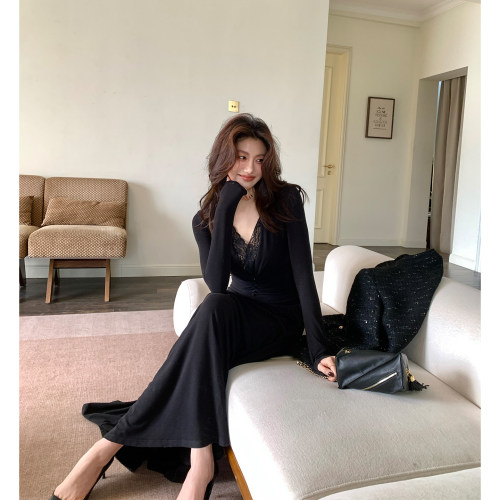 龍喜儿 法式蕾丝网纱拼接抽褶修身连衣裙女长袖气质优雅长裙Y063