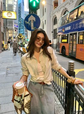 龍喜儿 复古港风条纹刺绣收腰显瘦衬衫宽松休闲长袖百搭上衣Y279