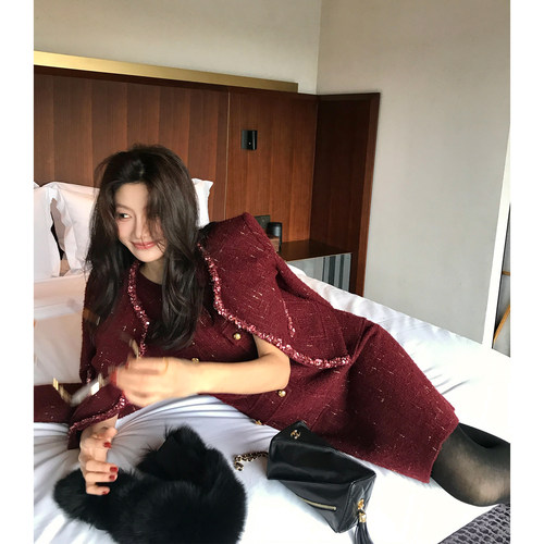 龍喜儿小香风套装女法式轻奢酒红色羊毛连衣裙外套两件套M408