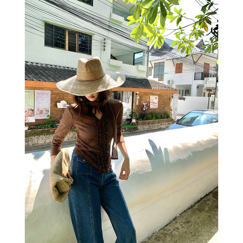 龍喜儿 蕾丝上衣女氛围感长袖v领设计感木耳边显瘦时尚小衫K152