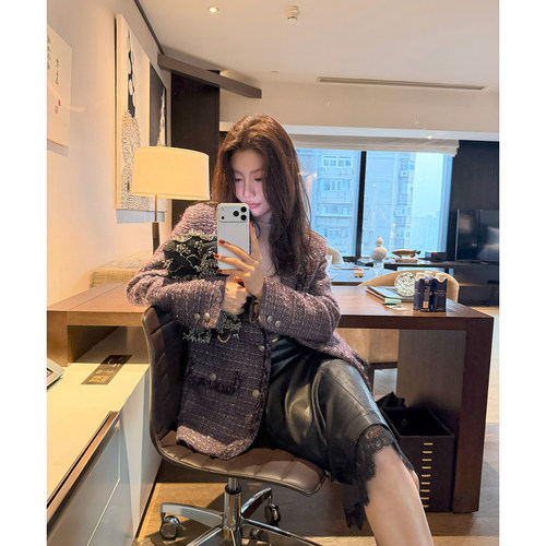 龍喜儿 小香风中长款显瘦大衣女粗花呢编织绵羊毛外套D509