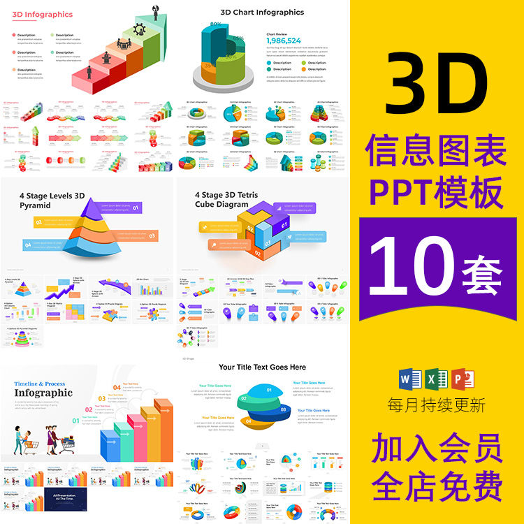 3D图形图表工作汇报总结市场调研数据可视化信息图表ppt模板