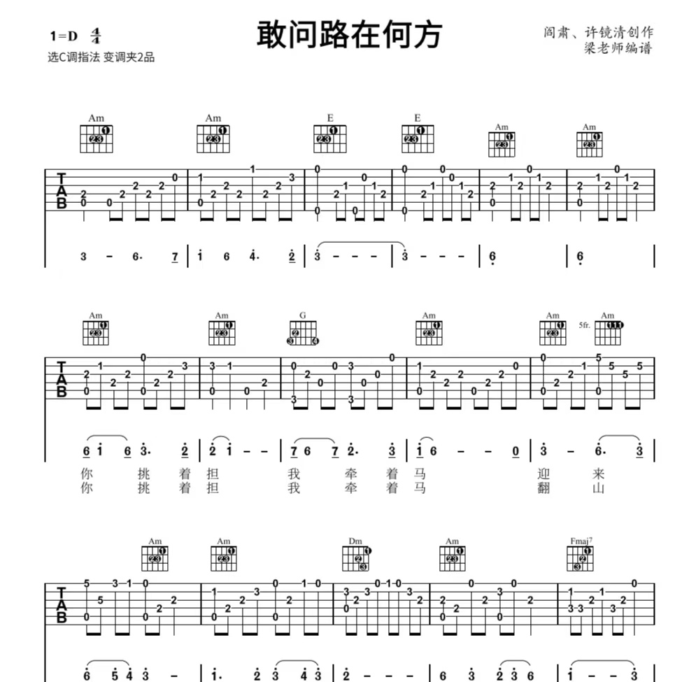 《敢问路在何方》指弹独奏电子版吉他谱 带分段教学 C调指法简单