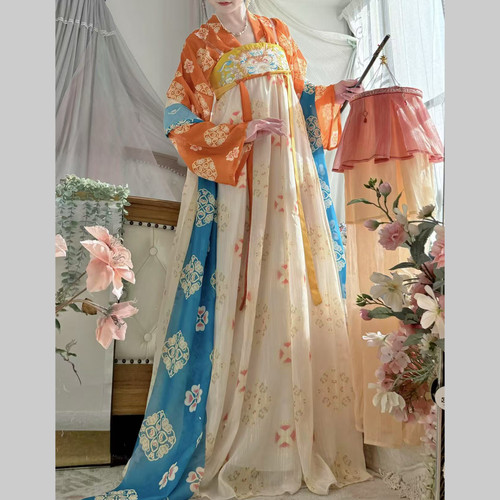 原创汉服女唐制齐胸襦裙春夏破裙复原款红色橙色仙气【荔枝】鲁衣