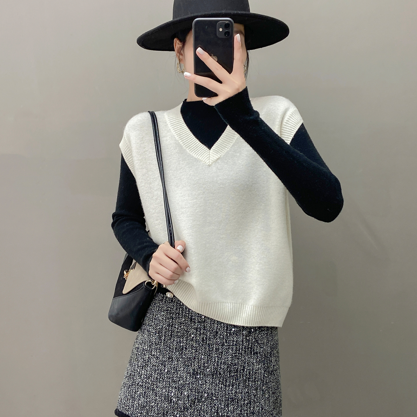 秋冬V领纯羊绒无袖针织马甲女