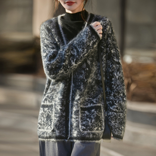 爆款重工拉绒V领水墨画复古风加厚100纯羊毛衫女开衫外套宽松毛衣