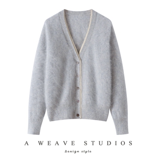 高端奢华拉绒100纯山羊绒V领假两件拼色开衫外套女2025秋冬新款潮