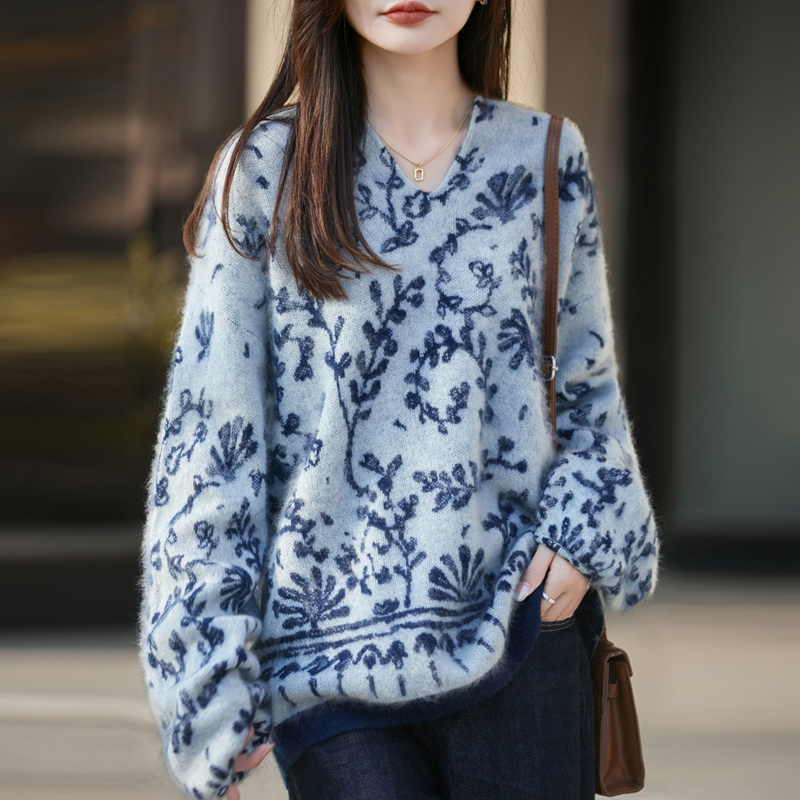 25新款V领国风水墨画纯羊毛衫女