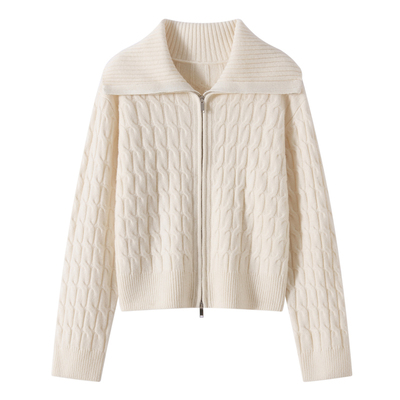 翻领重工麻花100纯羊毛开衫女