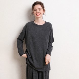 2025秋冬新款爆款山羊绒衫女中长款毛衣圆领慵懒开叉毛衣宽松