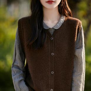 25新年爆款时尚复古V领100纯羊毛衫女点子纱无袖针织开衫马甲背心