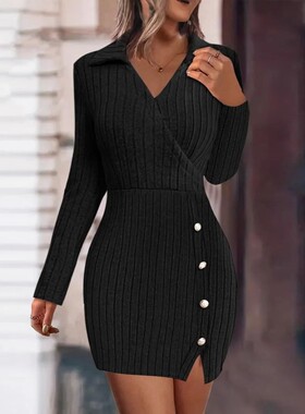 V-neck hip hugging slim fit dressV领紧身包臀修身长袖连衣裙女