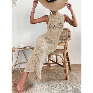 Weaving hollow swimsuit cover 纯色针织镂空泳衣罩衫圆领沙滩裙
