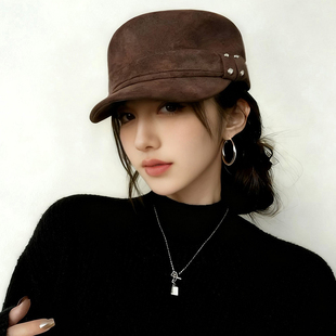 韩系复古麂皮绒大头围平顶鸭舌帽女秋冬时尚铆钉百搭显脸小马术帽