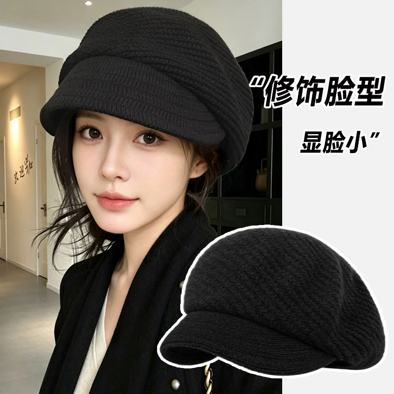 高级感羊毛针织大头围贝雷帽女