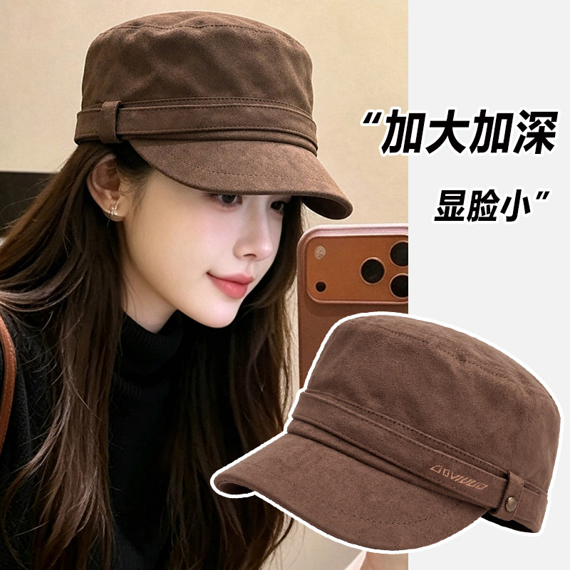 美拉德复古麂皮绒平顶帽女秋冬百搭宽檐显脸小马术帽大头围鸭舌帽