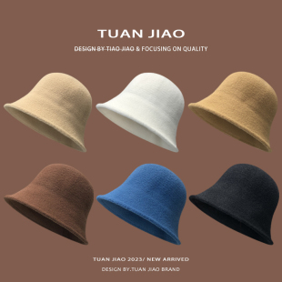 美拉德帽子女秋冬保暖护耳羊毛呢渔夫帽大头圆脸针织水桶帽显脸小