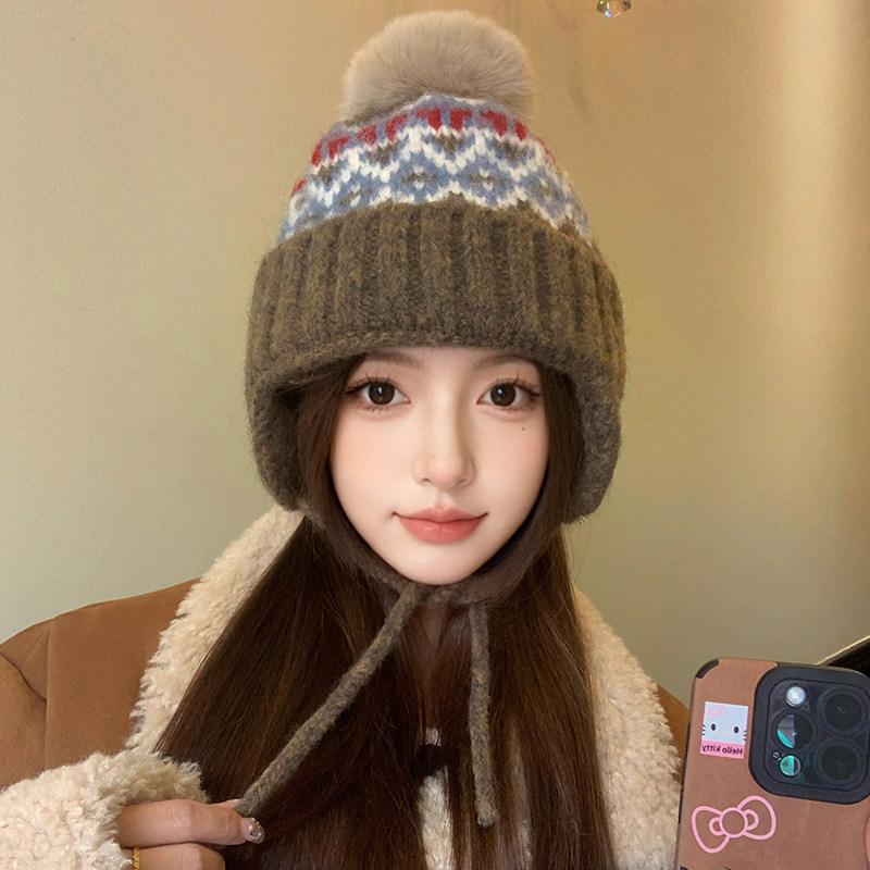 复古费尔岛提花毛线帽女冬季加厚针织护耳帽子东北保暖防寒雷锋帽
